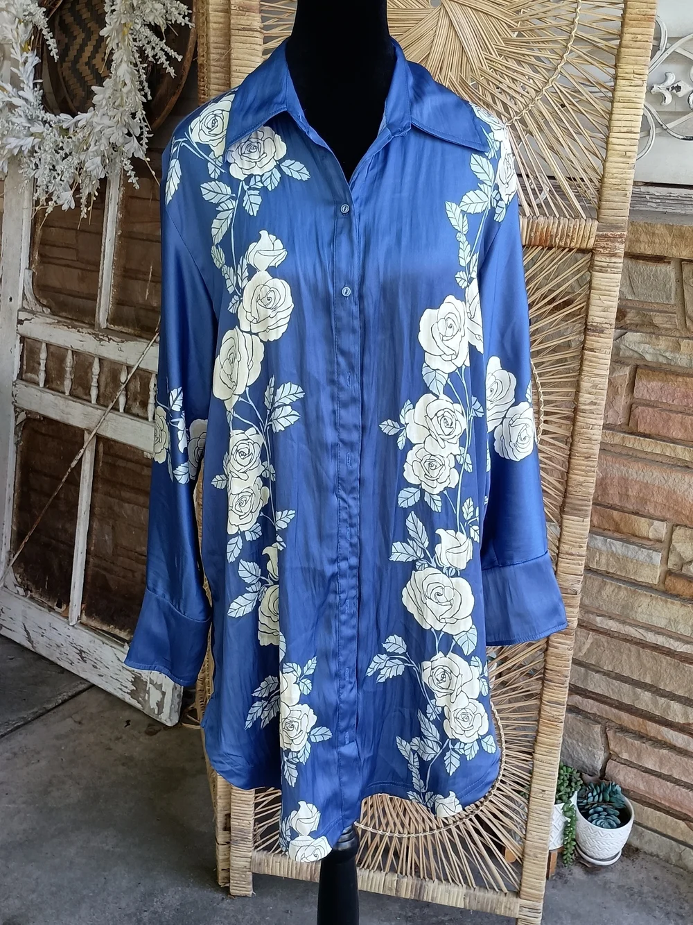 Free People Off The Vine Blue Satin Button-Up Tunic with Cream Rose Print_XS